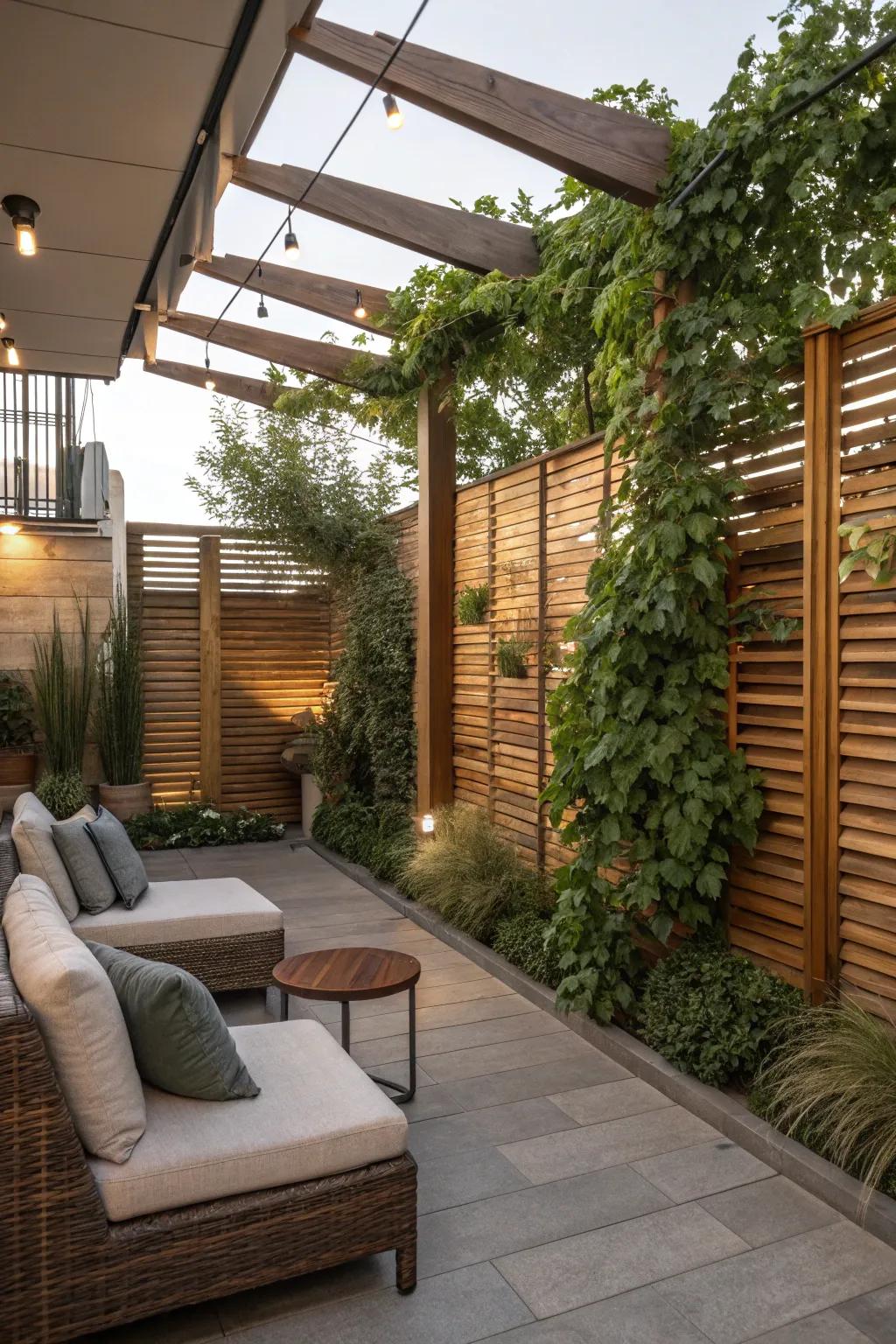 A cozy patio with a wooden screen wall, perfect for privacy and relaxation.