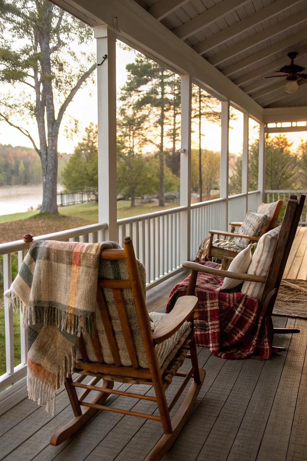 Classic rocking chairs on a screened-in porch create a timeless, inviting look.