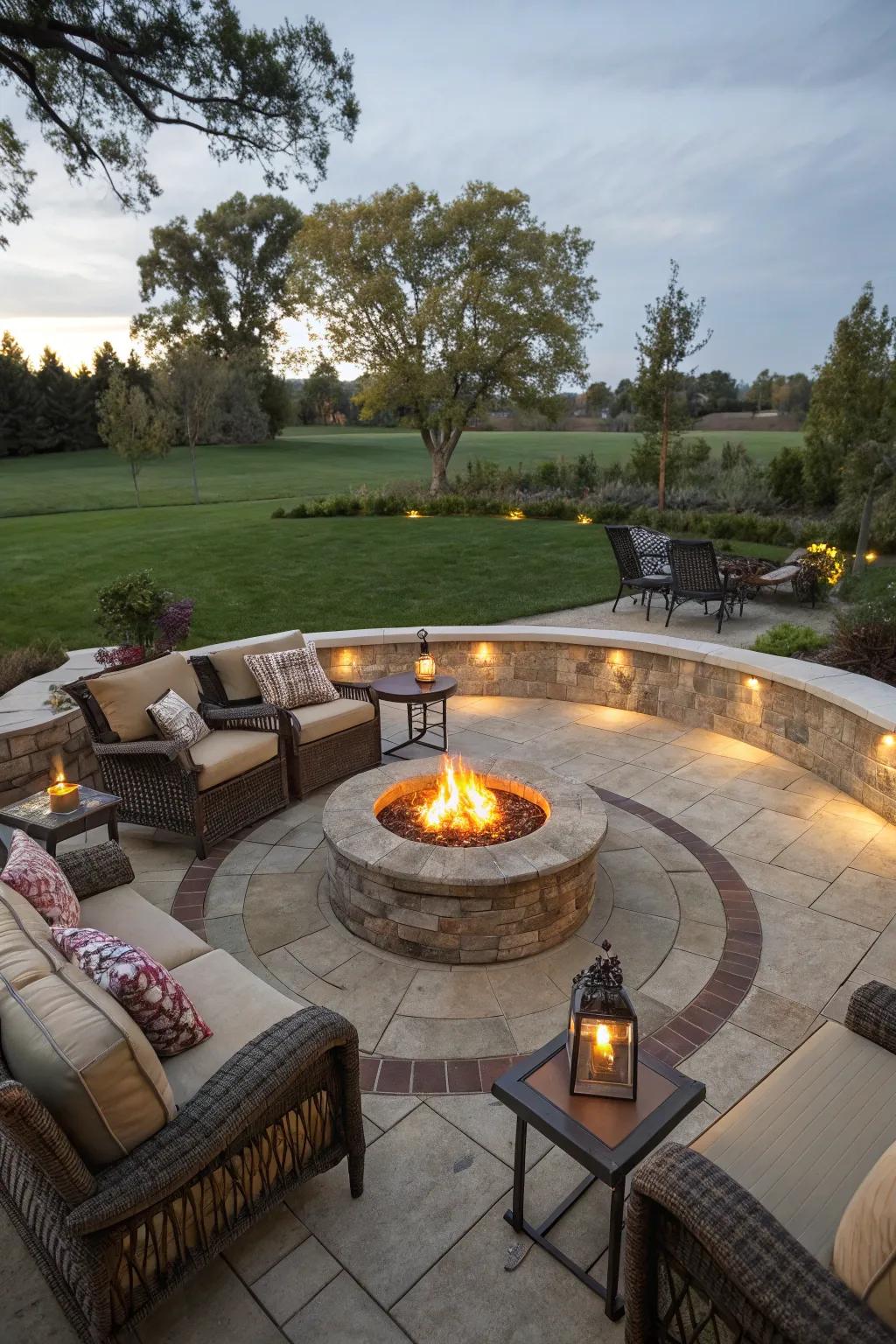 A semi-circle patio with a central fire pit makes for an inviting gathering space.