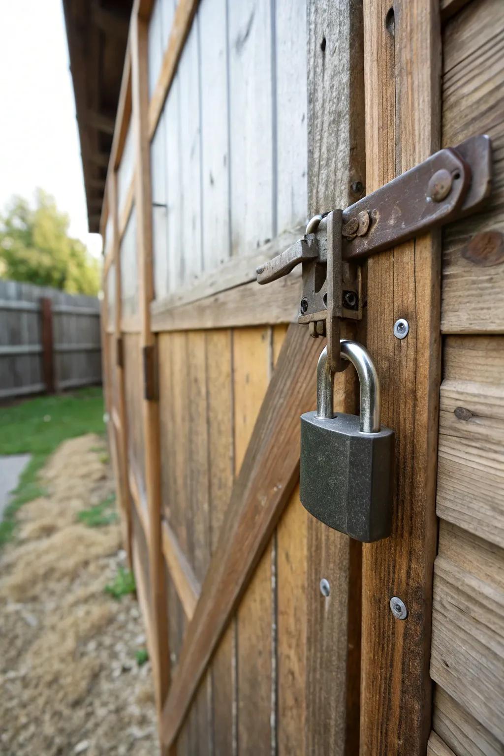 A heavy-duty lock stands guard on a wooden shed door, emphasizing security.