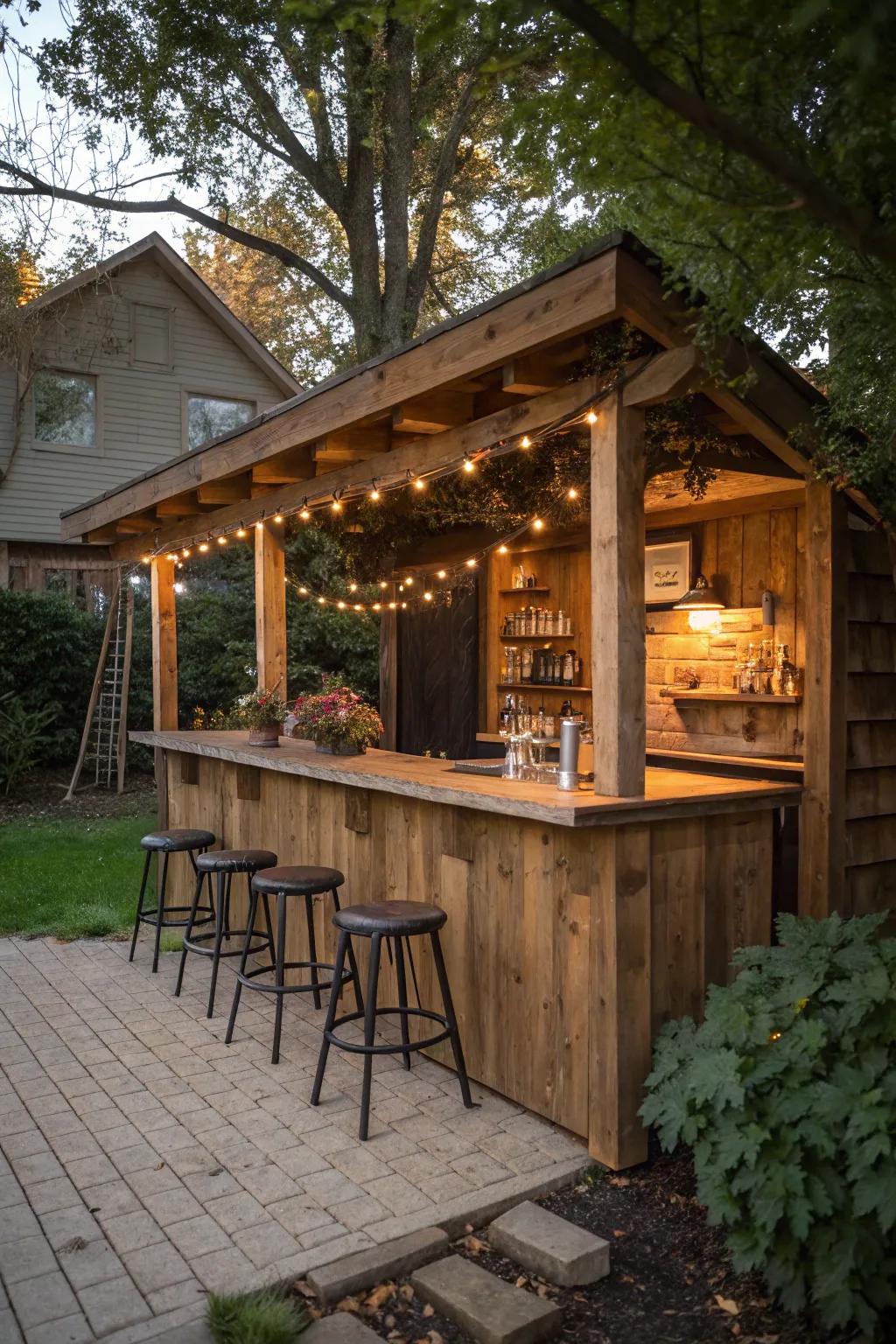 A rustic wooden bar that blends seamlessly with nature.