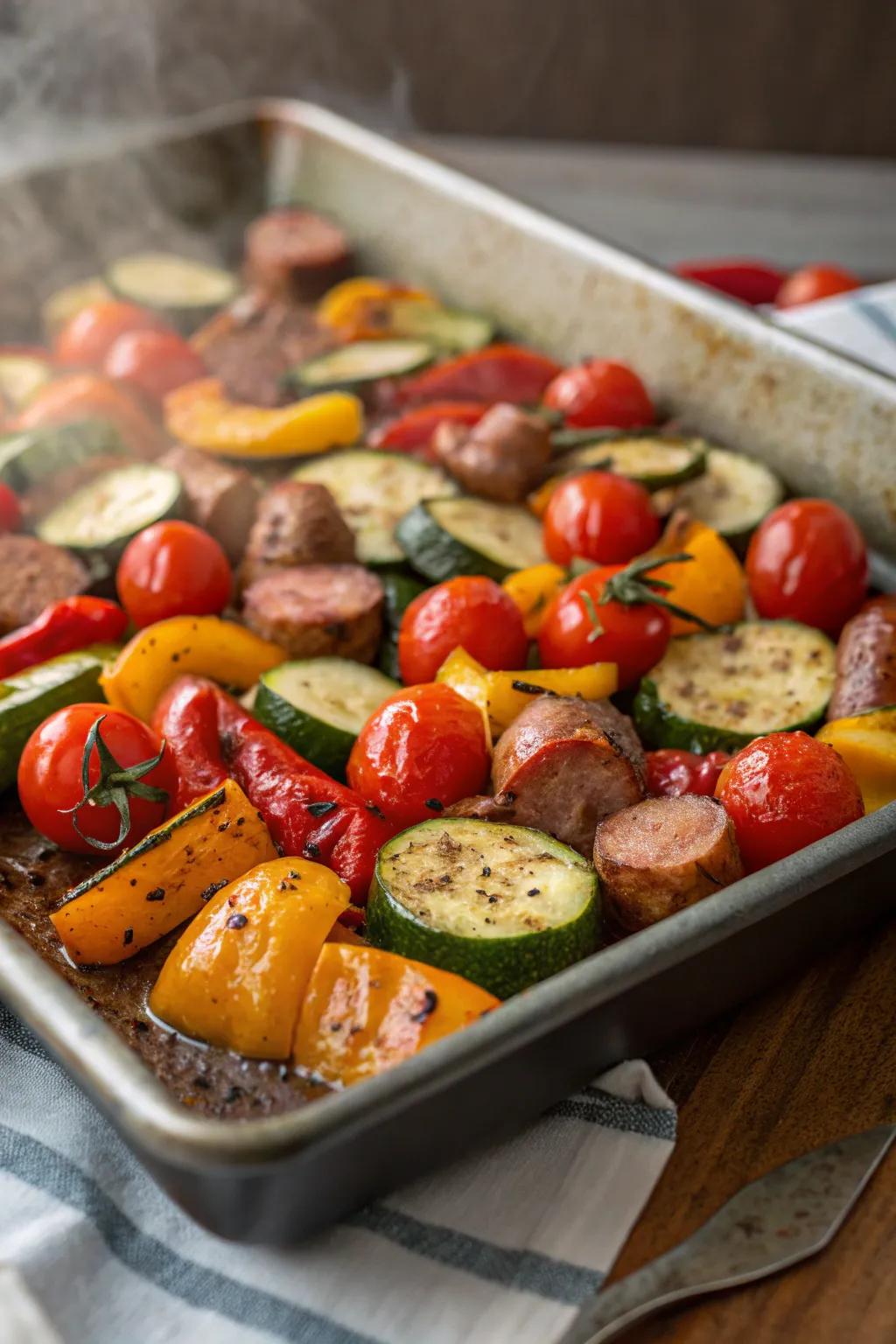 A delightful mix of roasted veggies and sausage ready to serve.