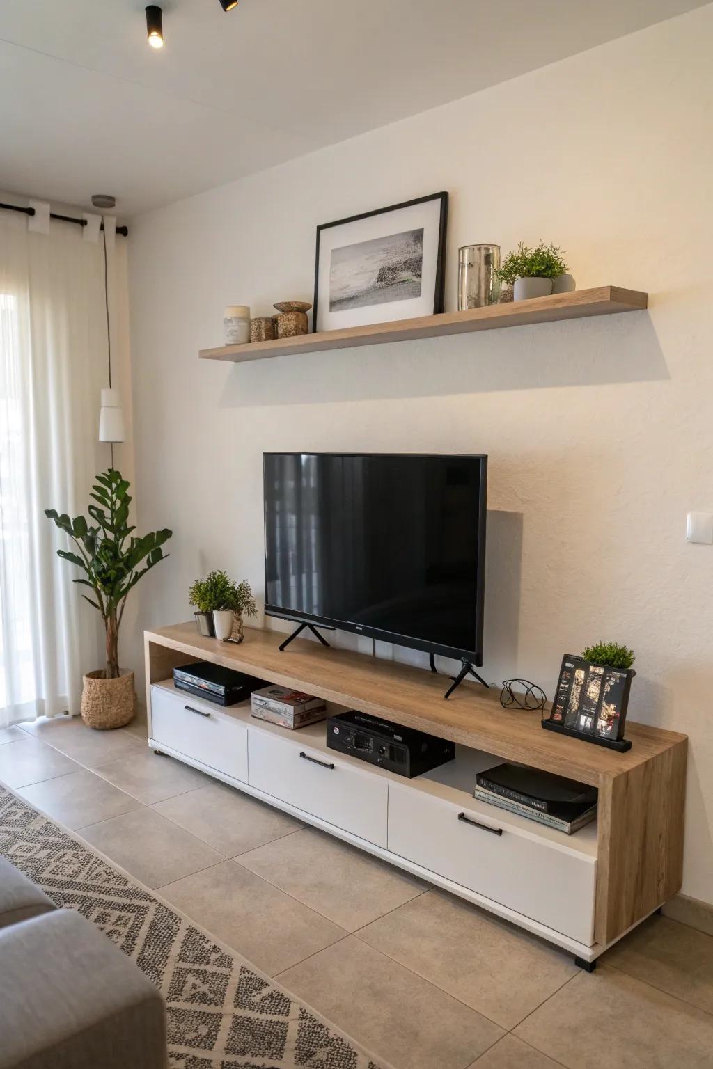 A minimal floating shelf adds a touch of elegance above the TV.