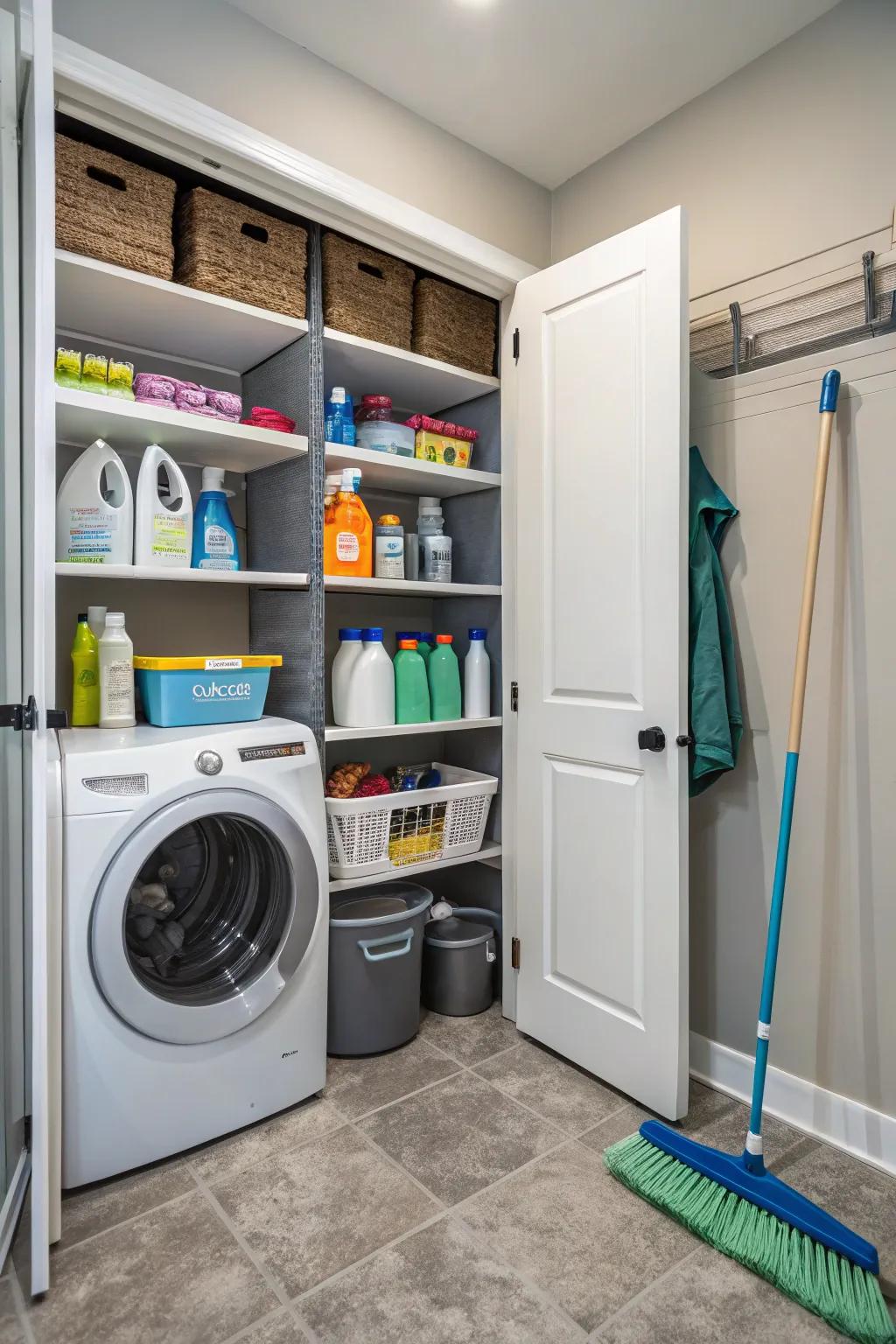 Open shelves in a utility room showcasing neatly arranged cleaning supplies for easy access.