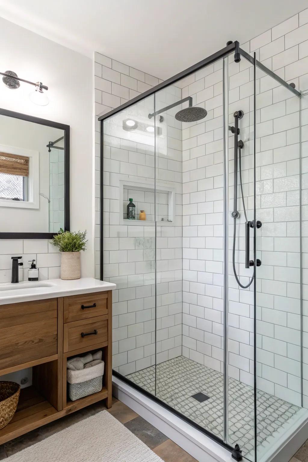 A minimalist frameless glass shower enclosure elevates this modern bathroom.