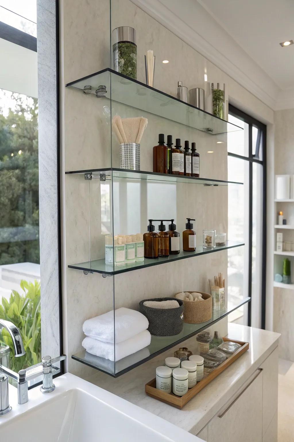 Floating glass shelves offer a minimalist and elegant storage solution.