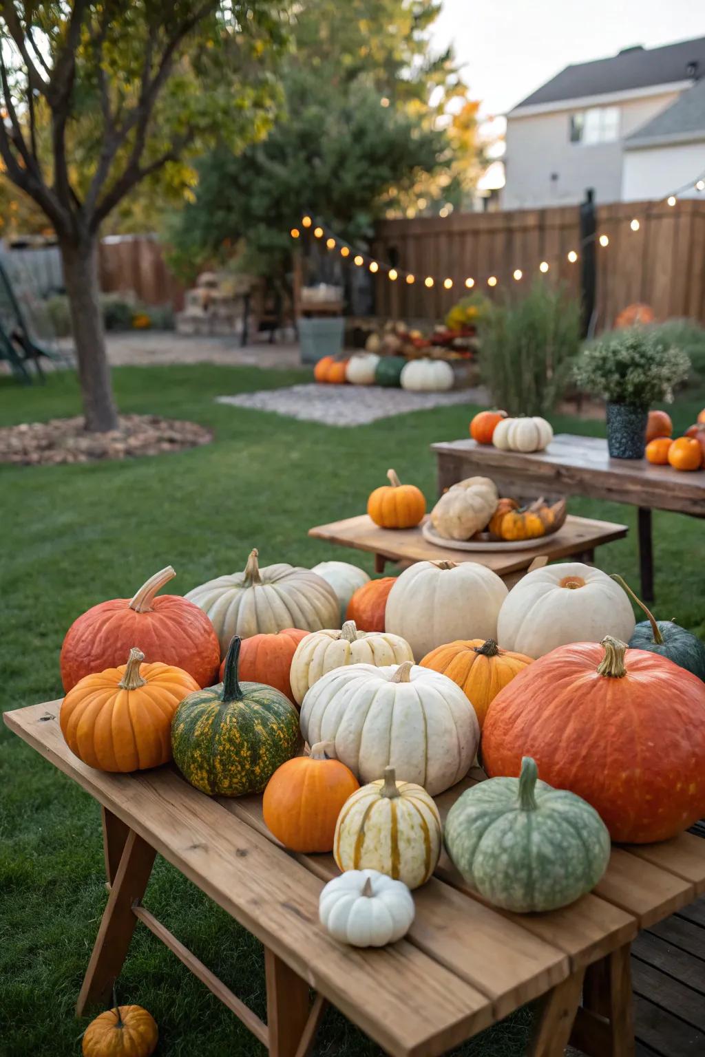 Colorful pumpkins arranged for a delightful fall backdrop.