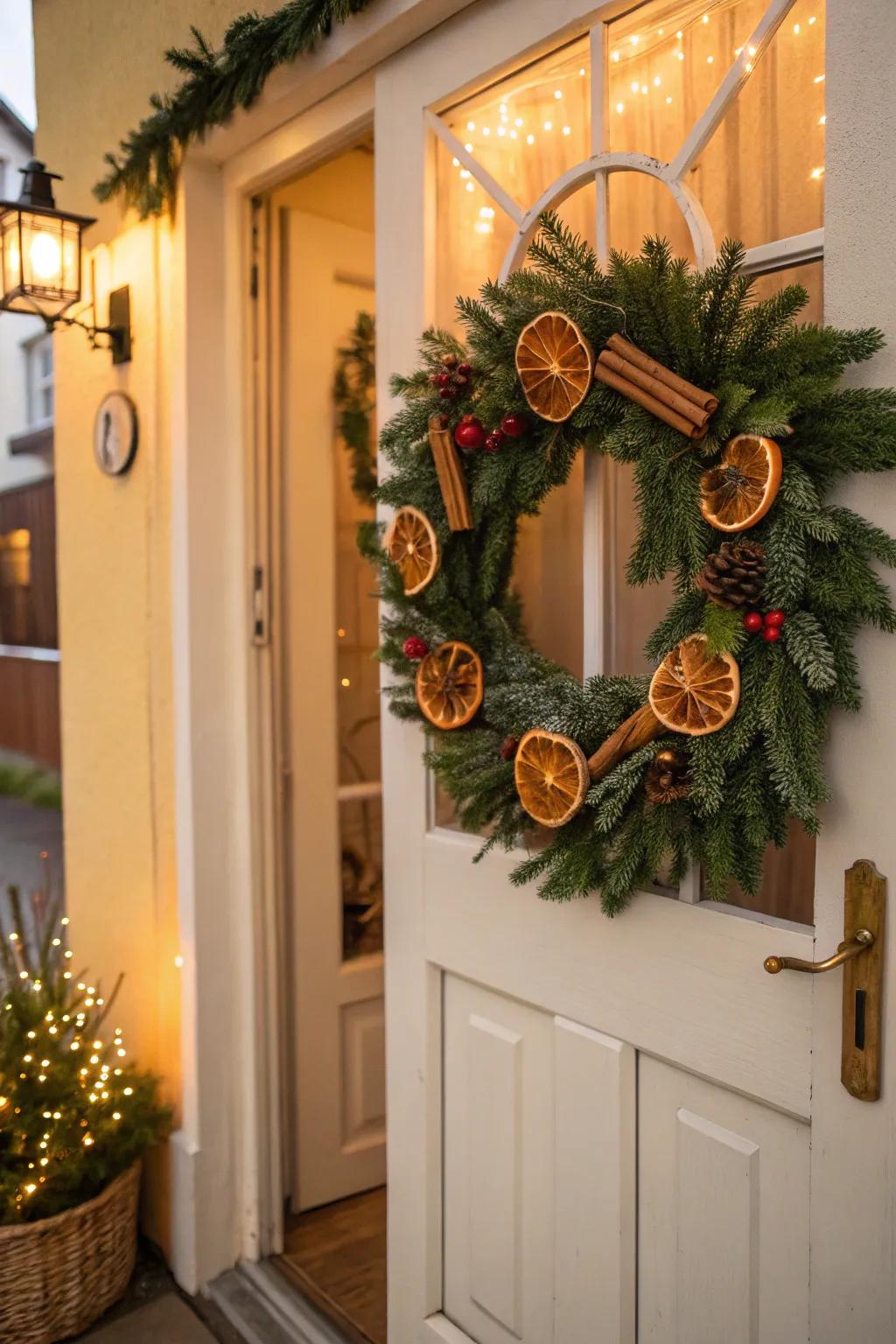 A unique wreath with cinnamon and oranges adds a cozy touch.