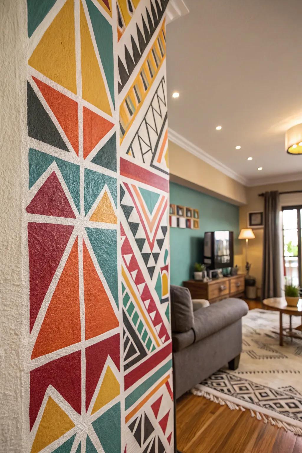 Geometric patterns add a modern touch to your living room walls.