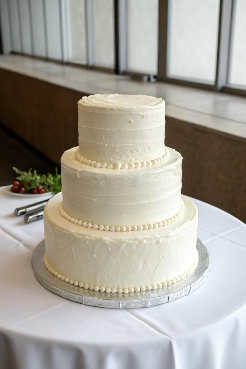 A minimalistic wedding cake that lets the occasion take center stage.