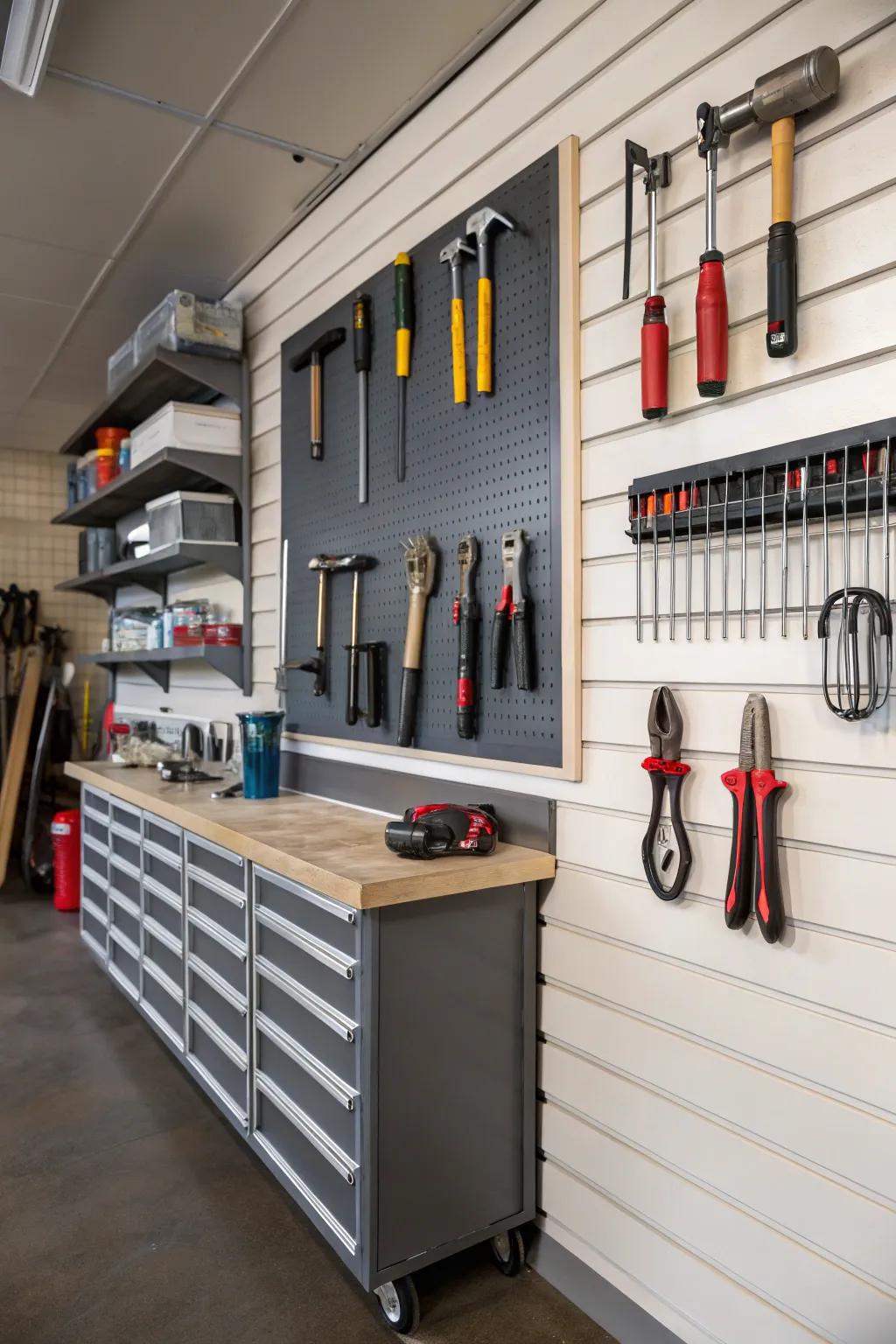 A slatwall transforms a cluttered tool area into an organized tool haven.