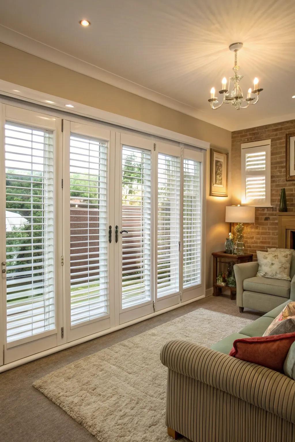 Classic shutter style blinds add elegance to any space.