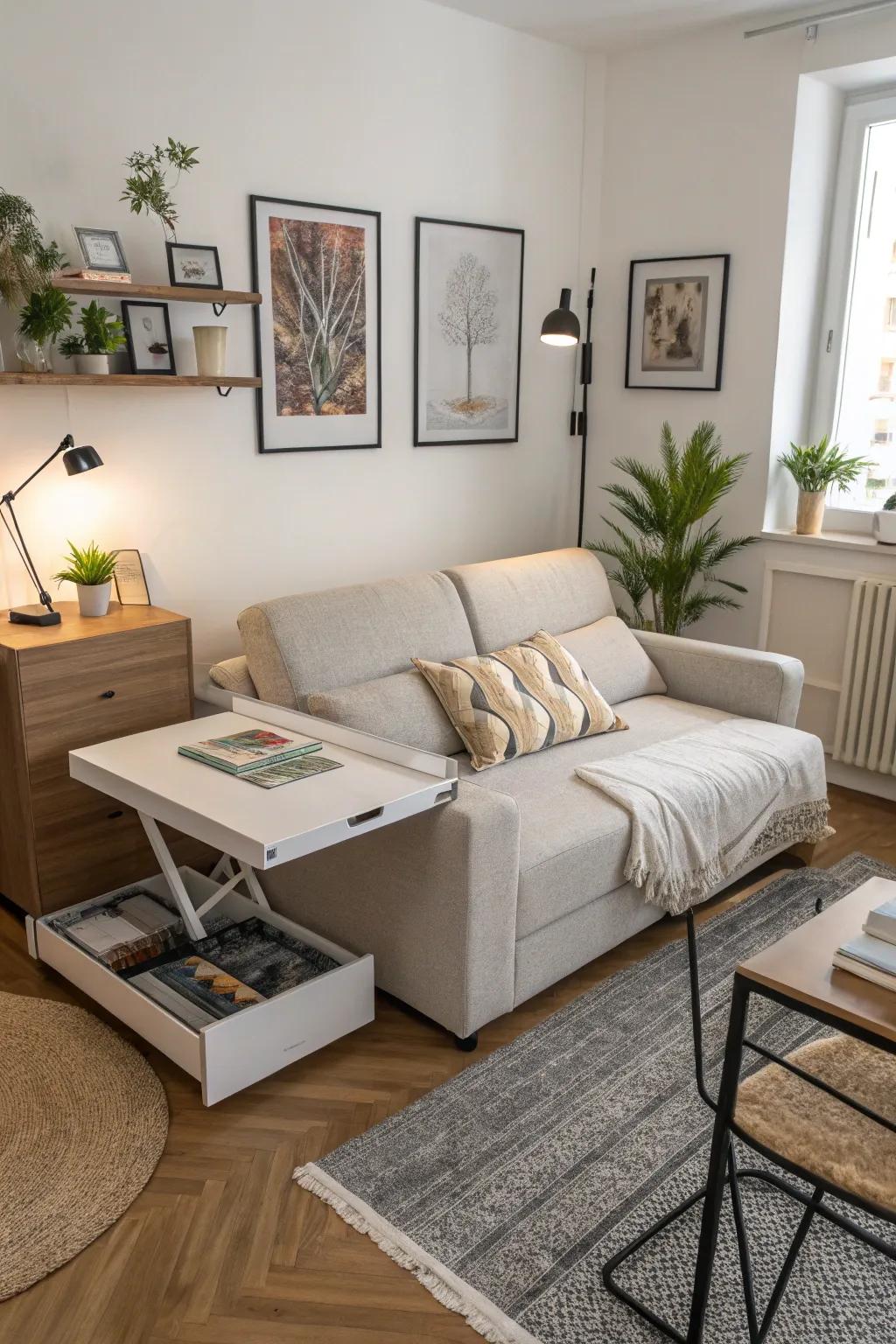 A sofa bed and extendable table maximize functionality in a small apartment.