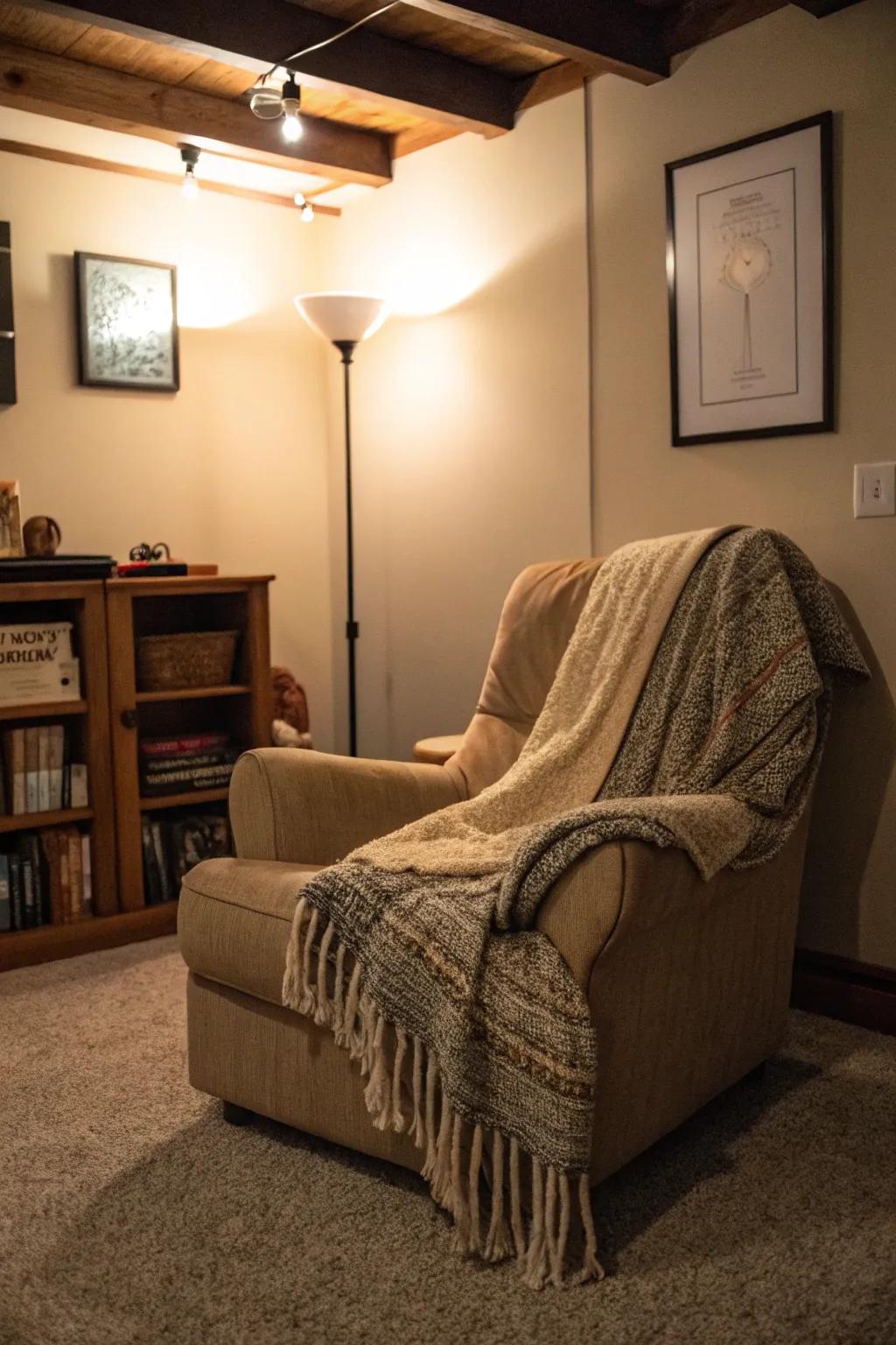 A cozy nook for reading and relaxation in your basement.