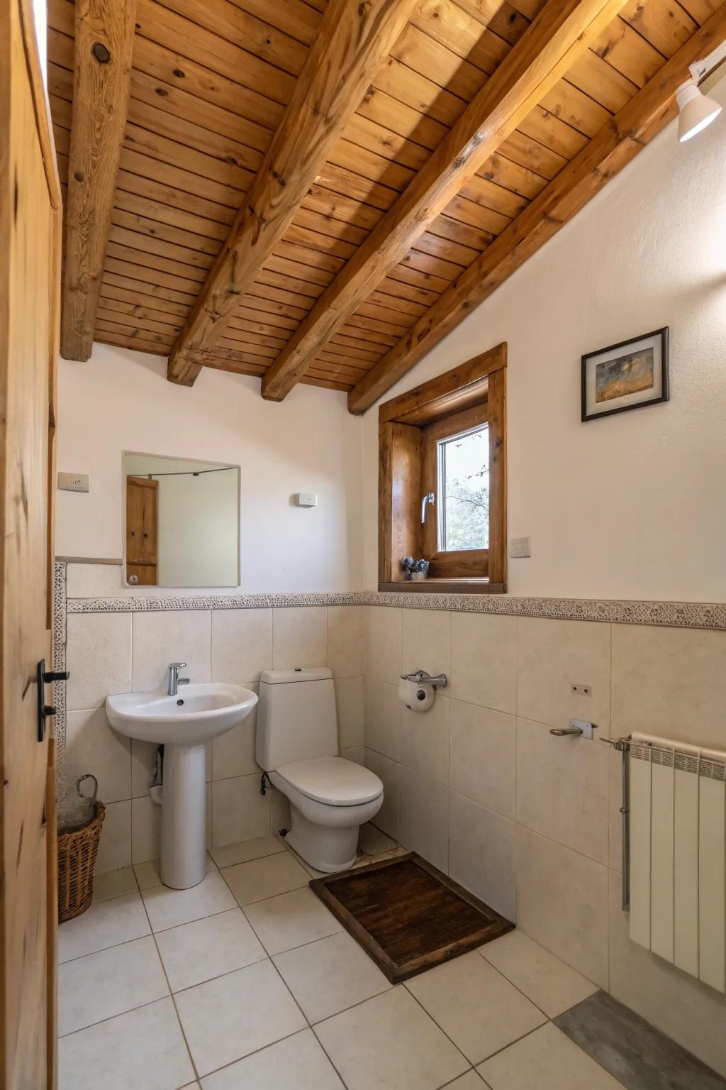 A bathroom featuring a natural wood ceiling that exudes warmth.