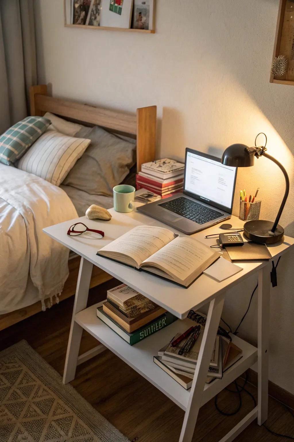 Smart use of multi-functional furniture in a small bedroom office.