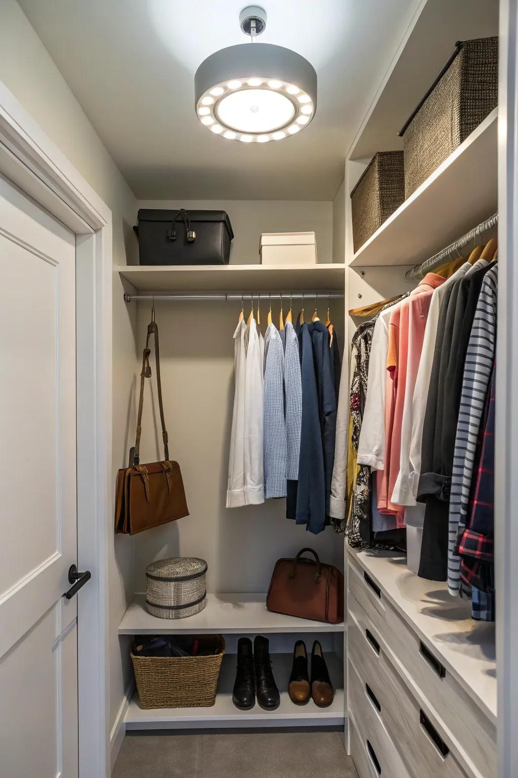 An overhead light brightens up a compact closet space.