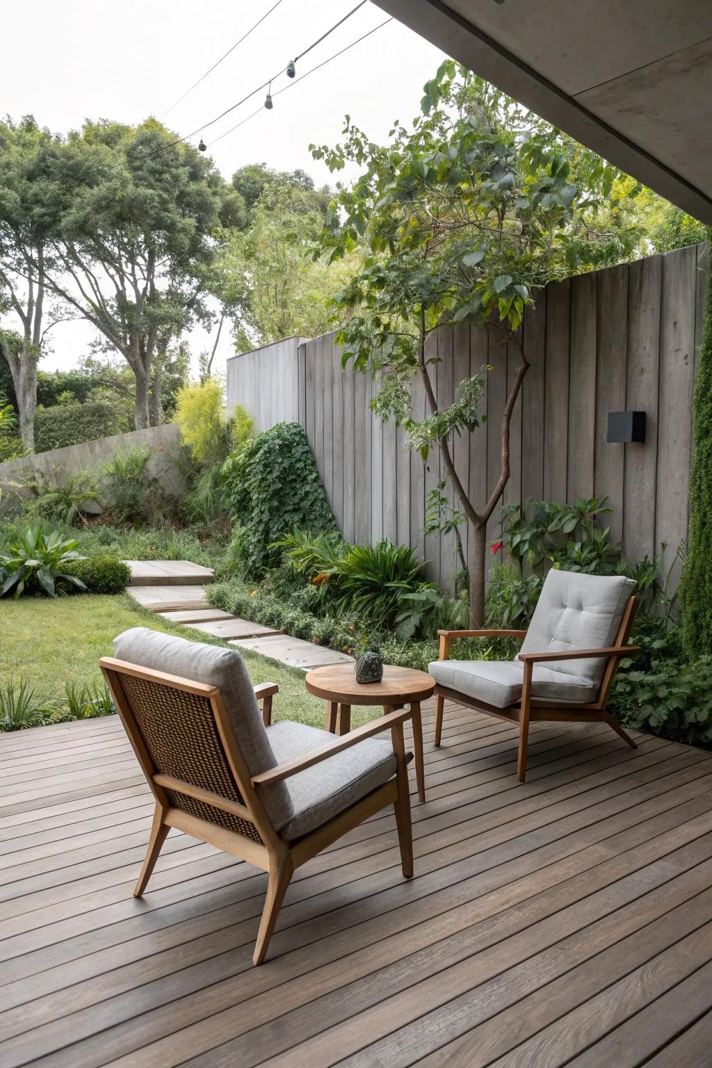 A minimalist platform deck with simple seating.