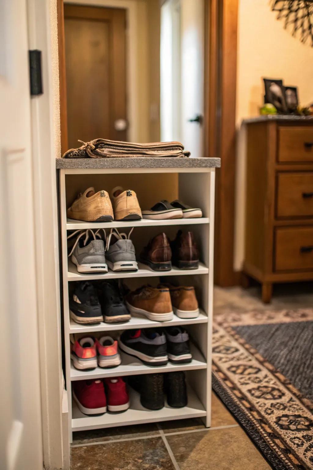 Tiered shelving units offer efficient shoe storage in tight spaces.