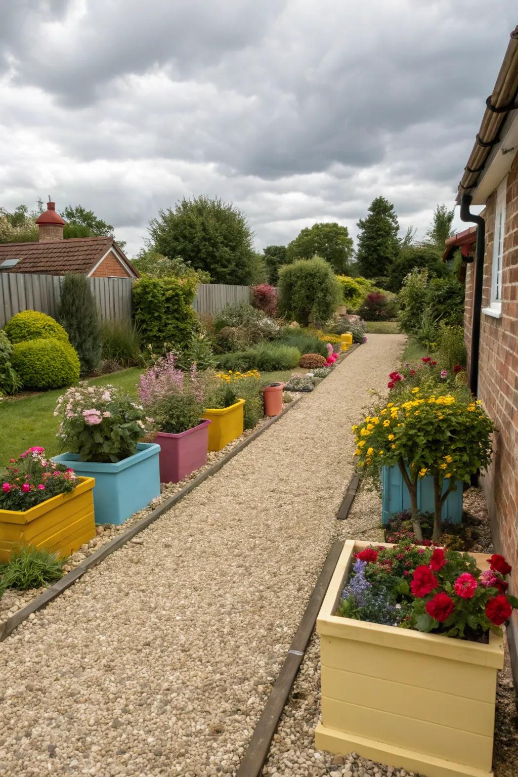 A modern small front garden with gravel paths and vibrant planters.