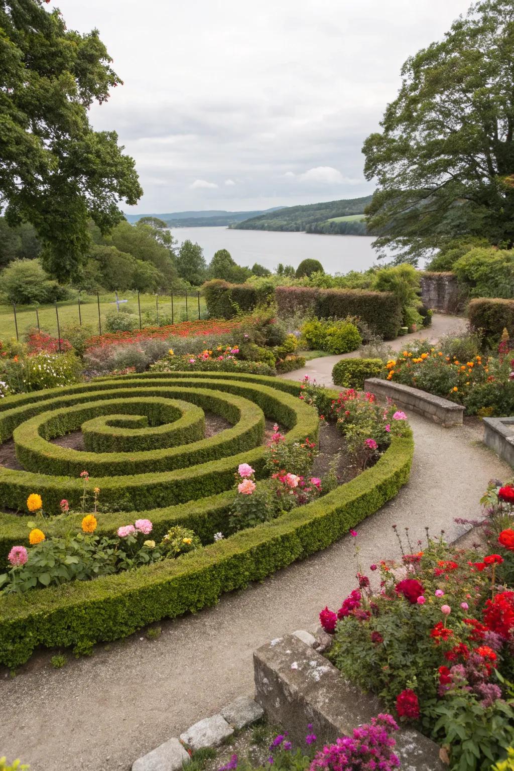 A compact spiral maze design made with low hedges in a small garden.