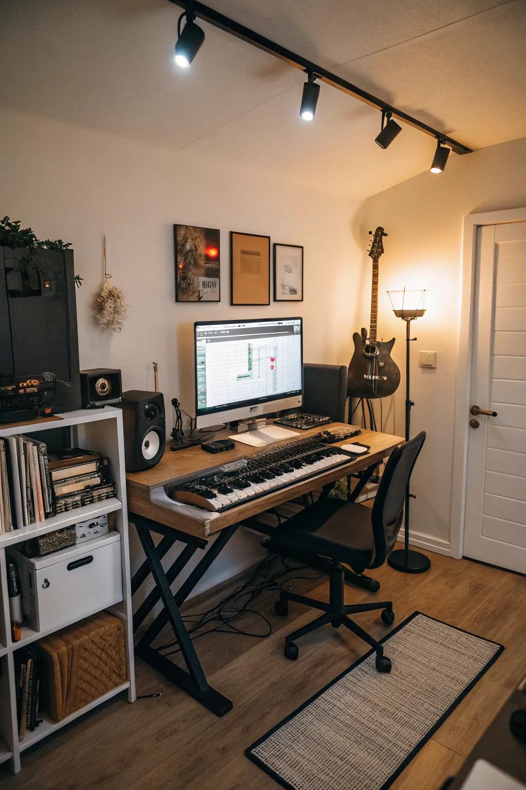 A compact desk setup keeps your studio organized and efficient.