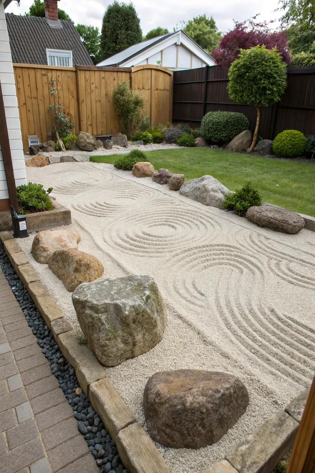 A mini Zen sand garden offering a soothing space for reflection.