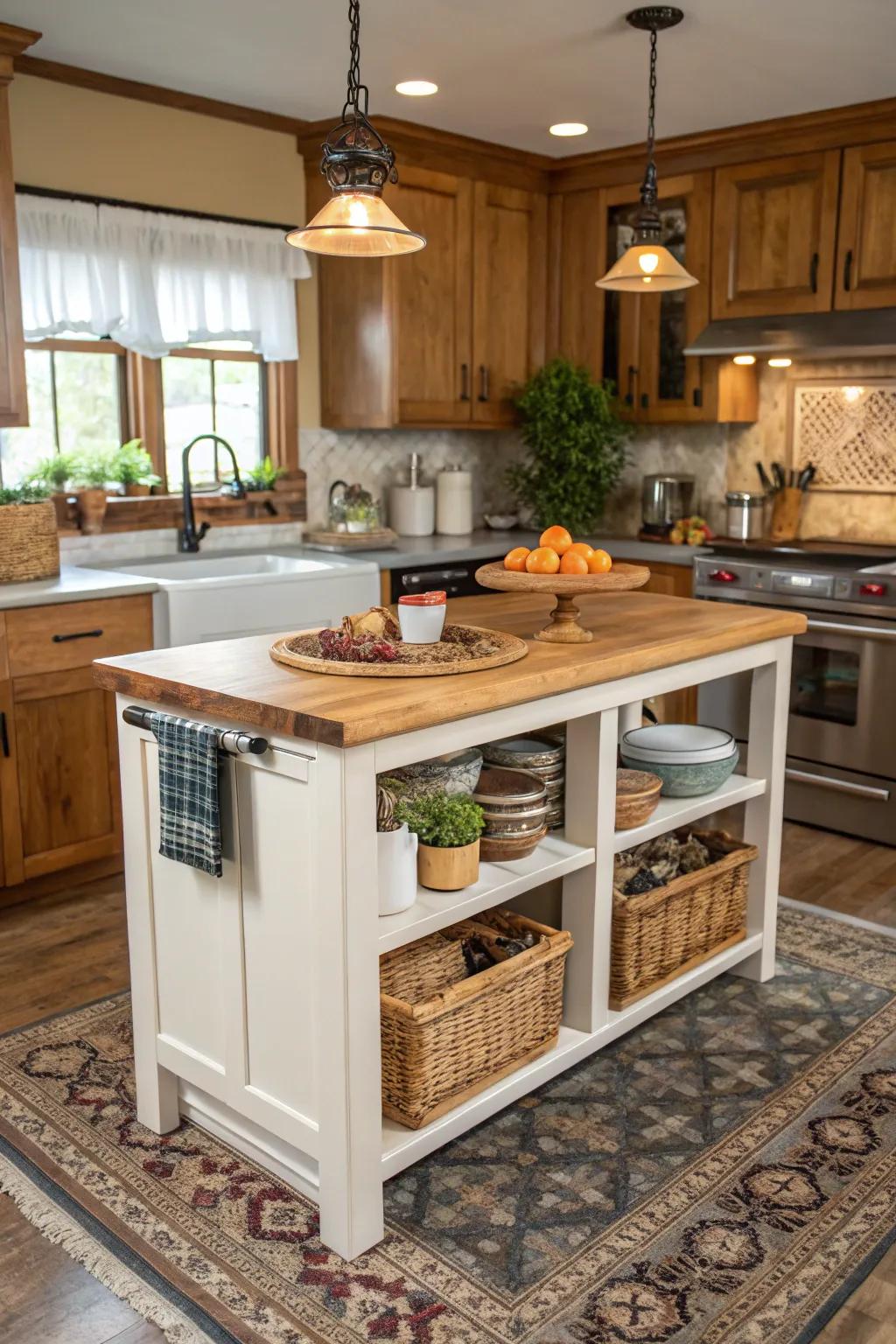 A small island with a butcher block top, perfect for prep and style.