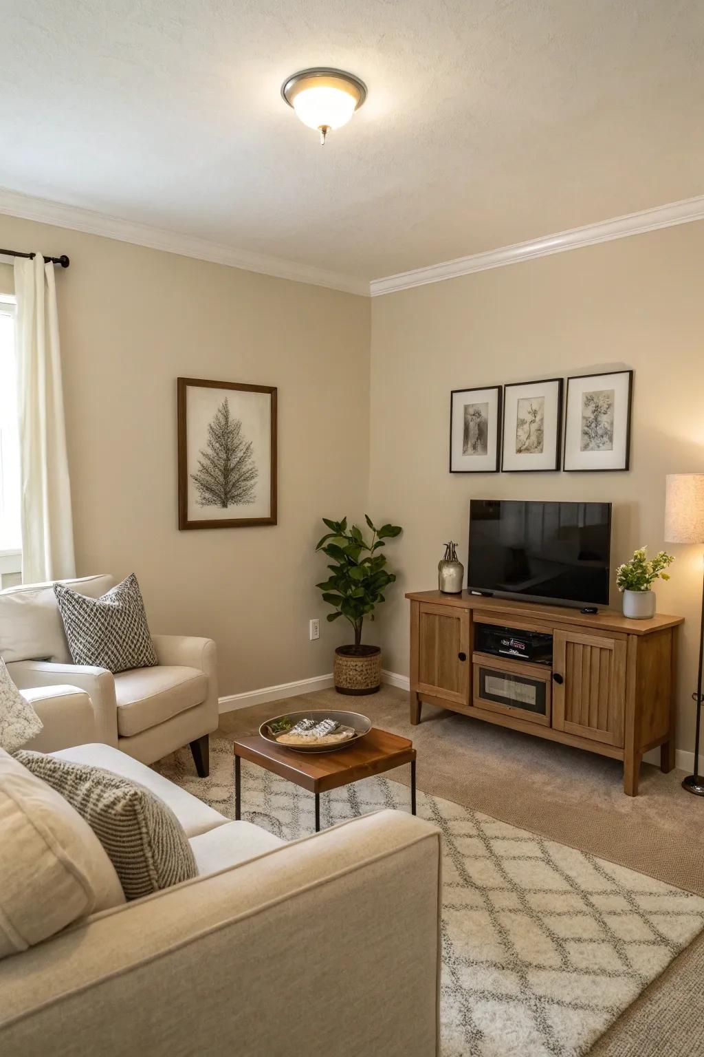 Neutral tones expand and brighten the space.
