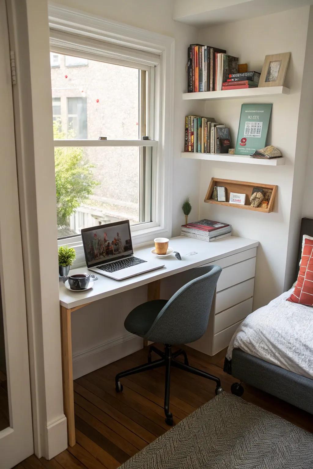 A compact office nook perfectly integrated into a bedroom corner.