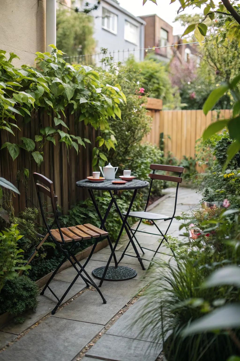 Compact folding chairs and a bistro table on a small patio.