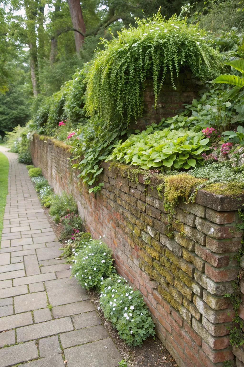 A harmonious blend of brick and stone creates a timeless retaining wall.