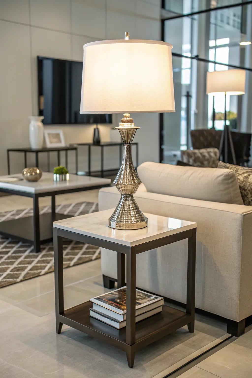 A small side table enhanced by a chic table lamp.