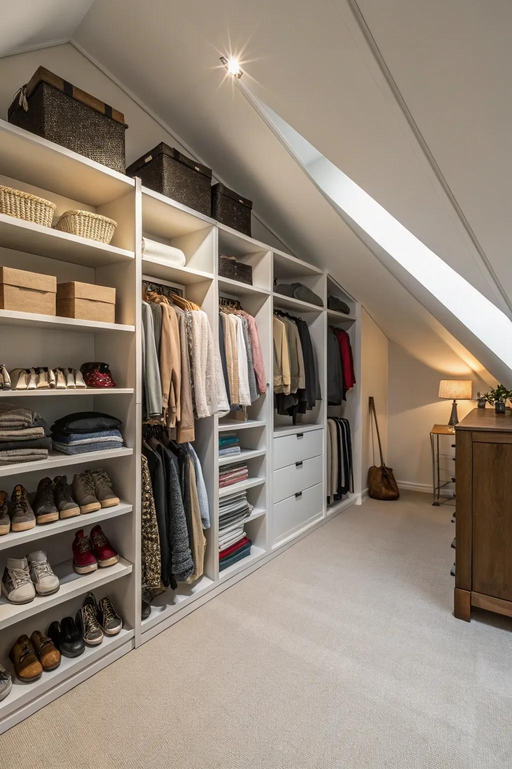 Custom shelving that follows the slope can transform an attic into an organized haven.