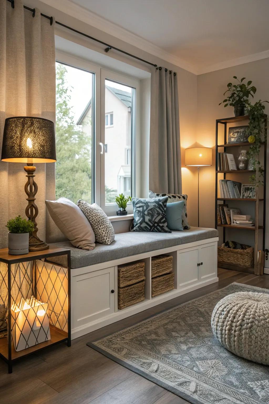 A stylish bench with hidden storage in a modern living room.