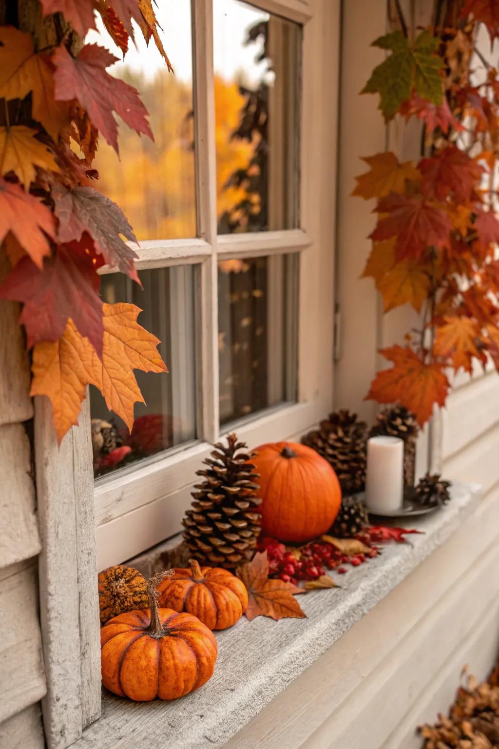 An inviting autumn window display using natural elements.