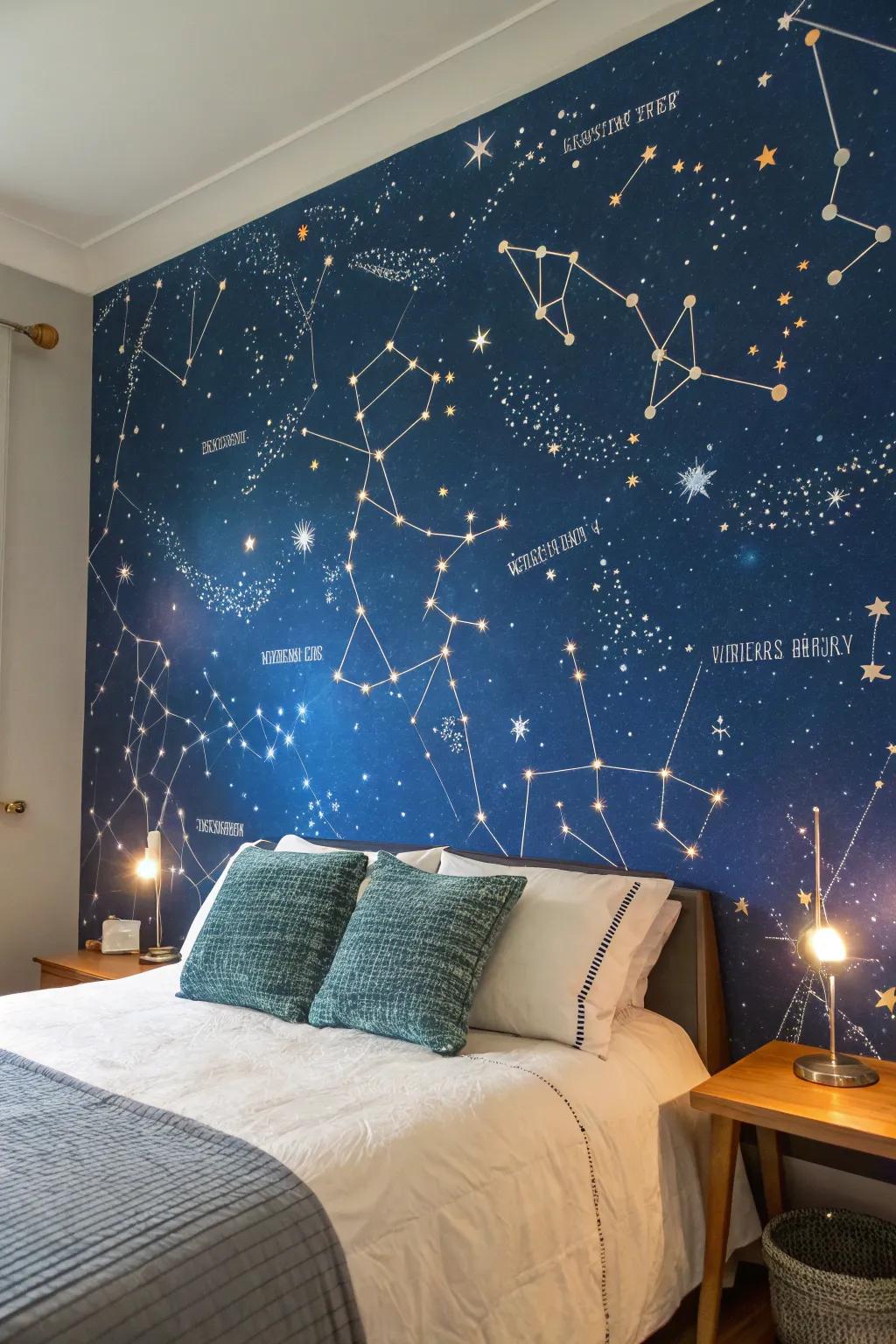 A starry night mural creates a celestial atmosphere perfect for dreamers.