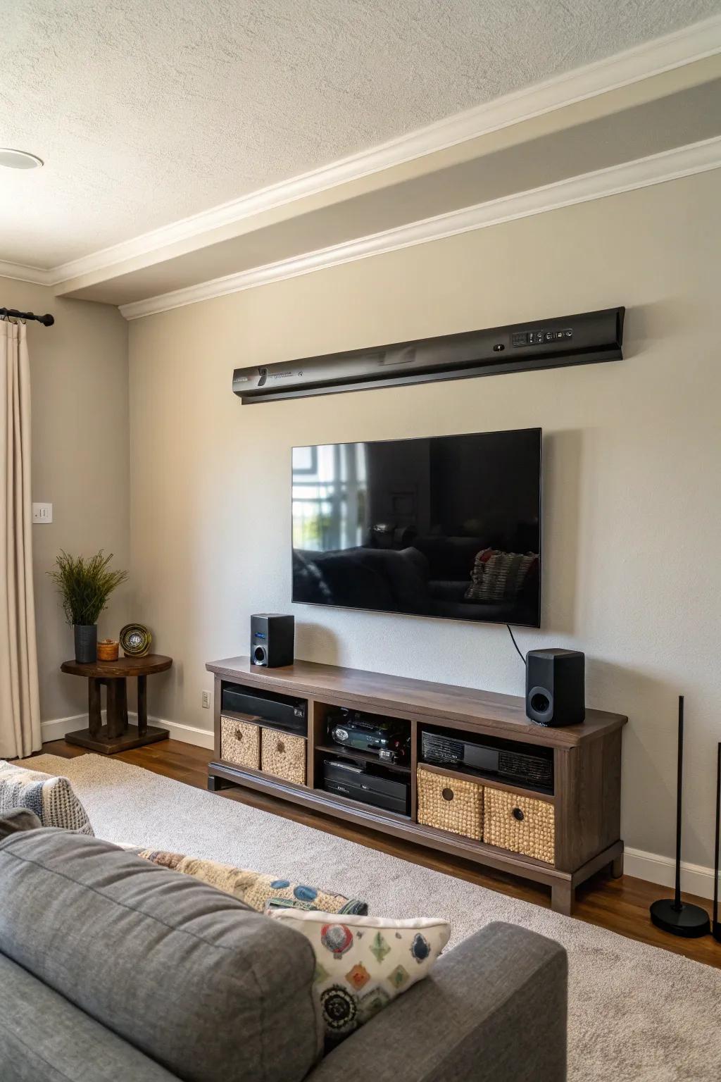 Classic soundbar placement above a wall-mounted TV