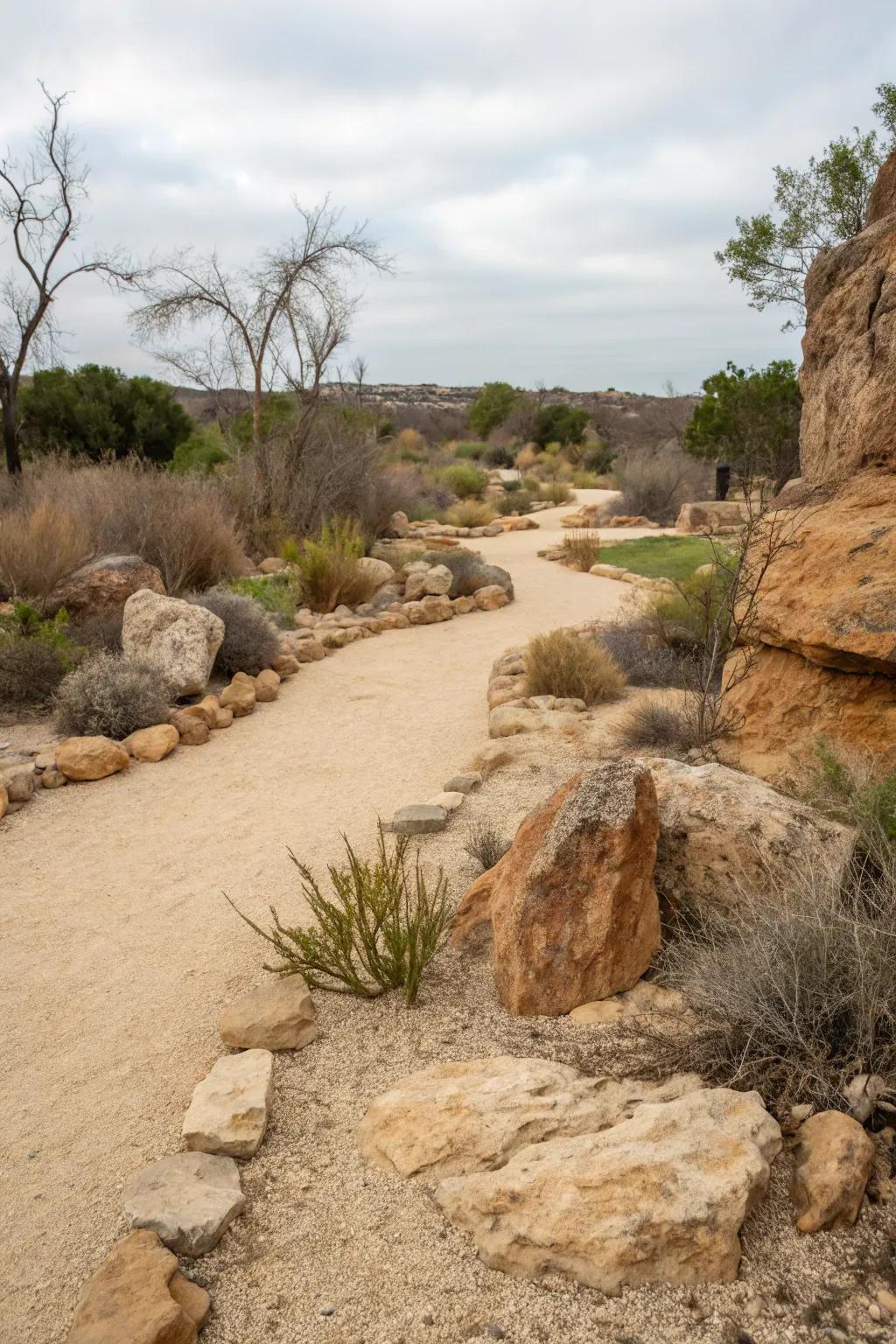 A dry landscape design featuring gravel paths and rock formations.