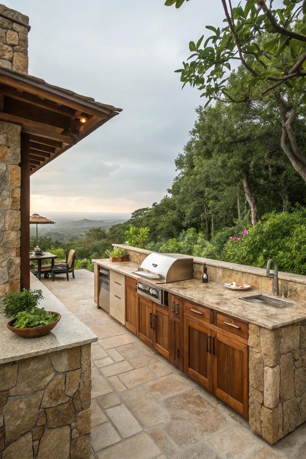 An enchanting outdoor kitchen featuring natural stone and wood elements, nestled in a verdant setting.