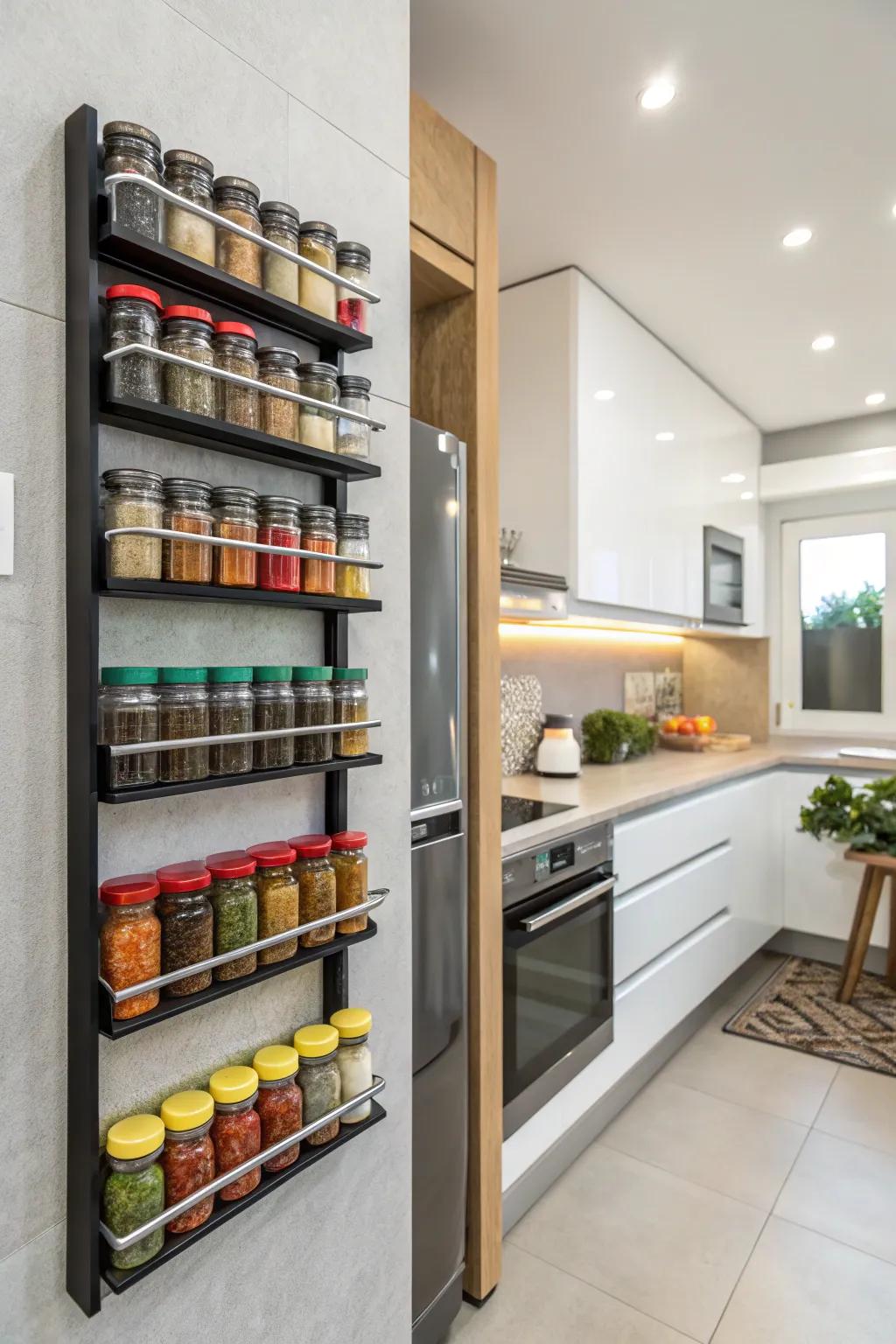 Space-saving wall-mounted spice rack in a modern kitchen.