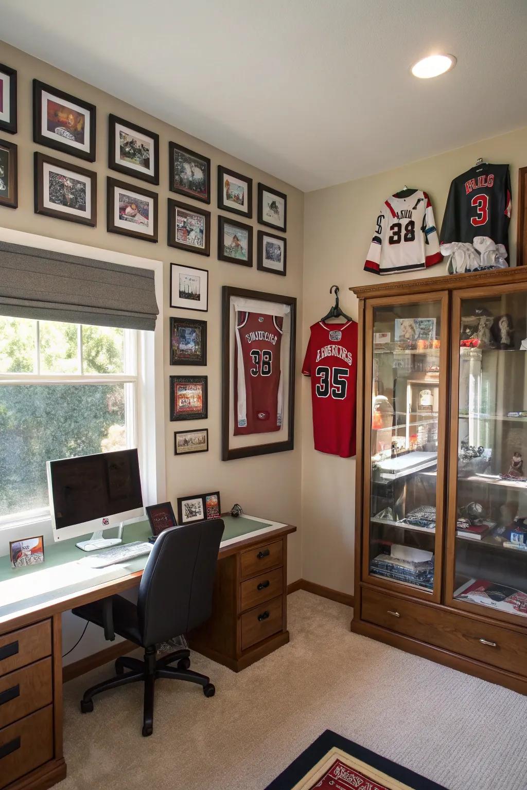 Let your sports memorabilia take center stage in your office.