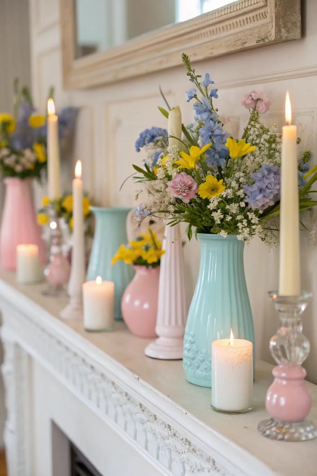 A pastel-themed mantel evoking spring serenity.