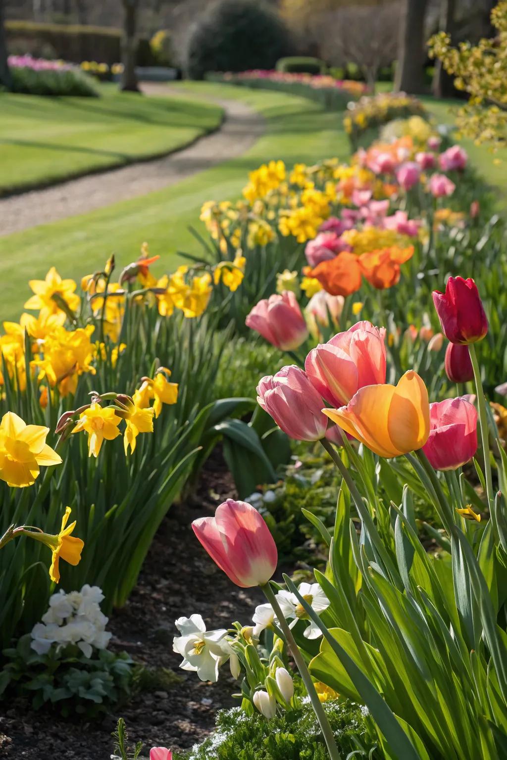 A colorful flower bed featuring tulips and daffodils adds a cheerful touch to any garden.