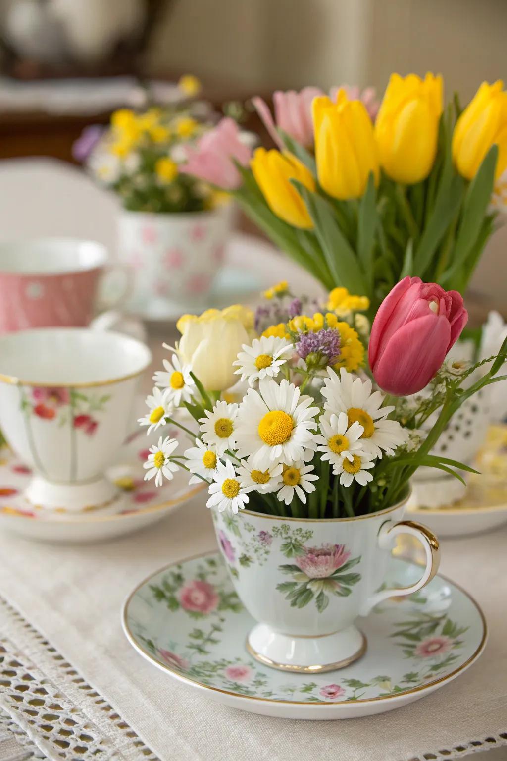 Floral teacup centerpieces add a whimsical touch to your tea party.