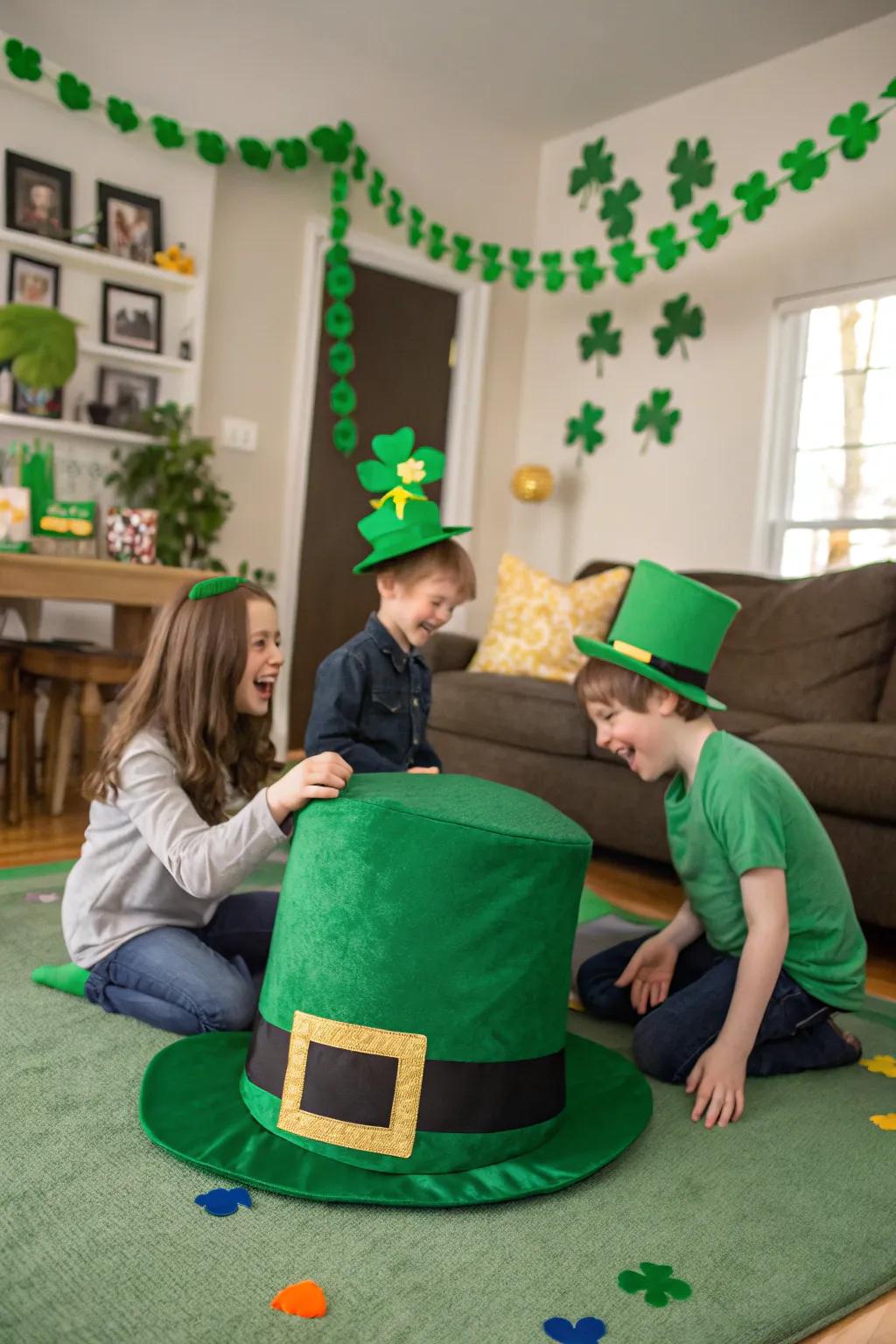 Children giggling with a giant leprechaun hat in a festive room.