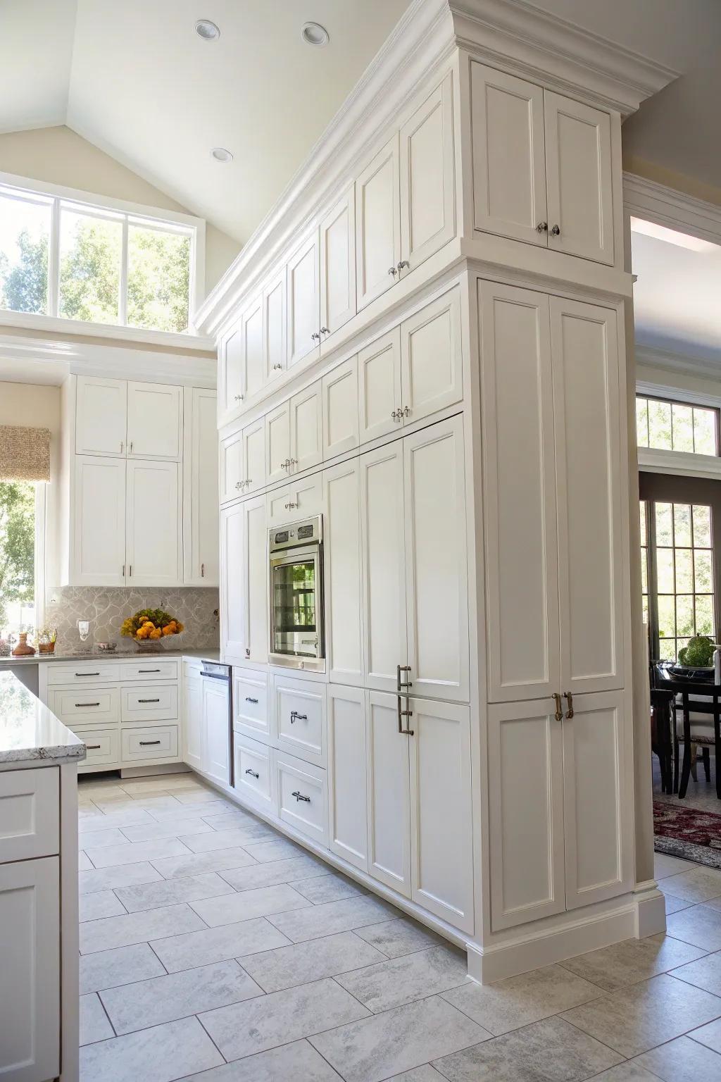 Stacked cabinets elegantly reaching up to the 10-foot ceiling, providing ample storage space.