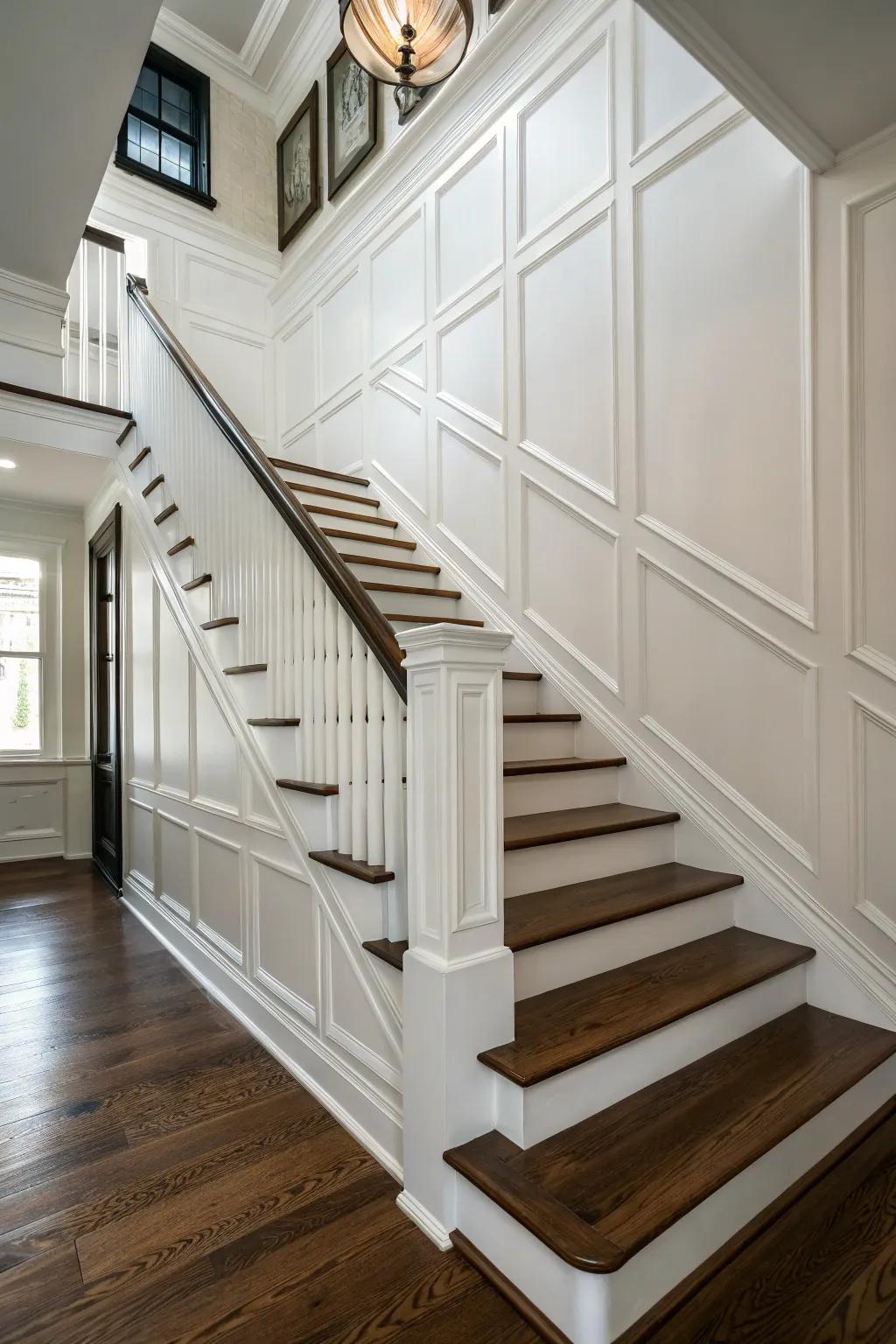 Classic wainscoting adds depth and elegance to any stairwell.