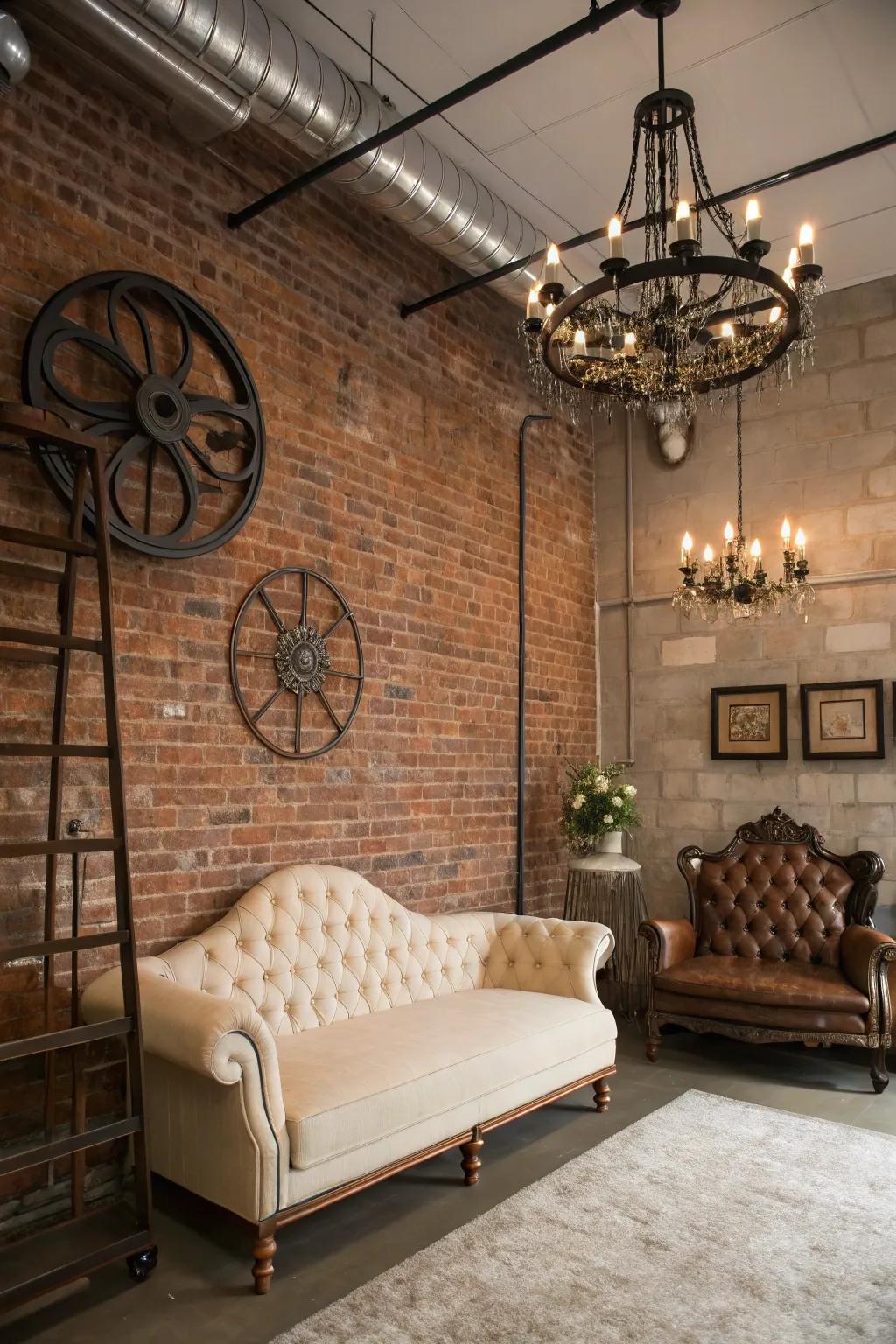 An exposed brick wall provides the perfect backdrop for steampunk decor.