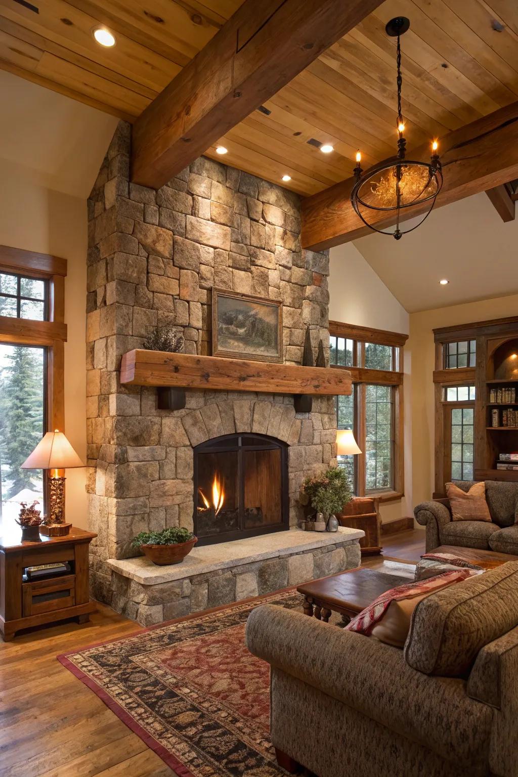 A rustic living space showcasing a stone fireplace with a reclaimed wooden beam mantel.